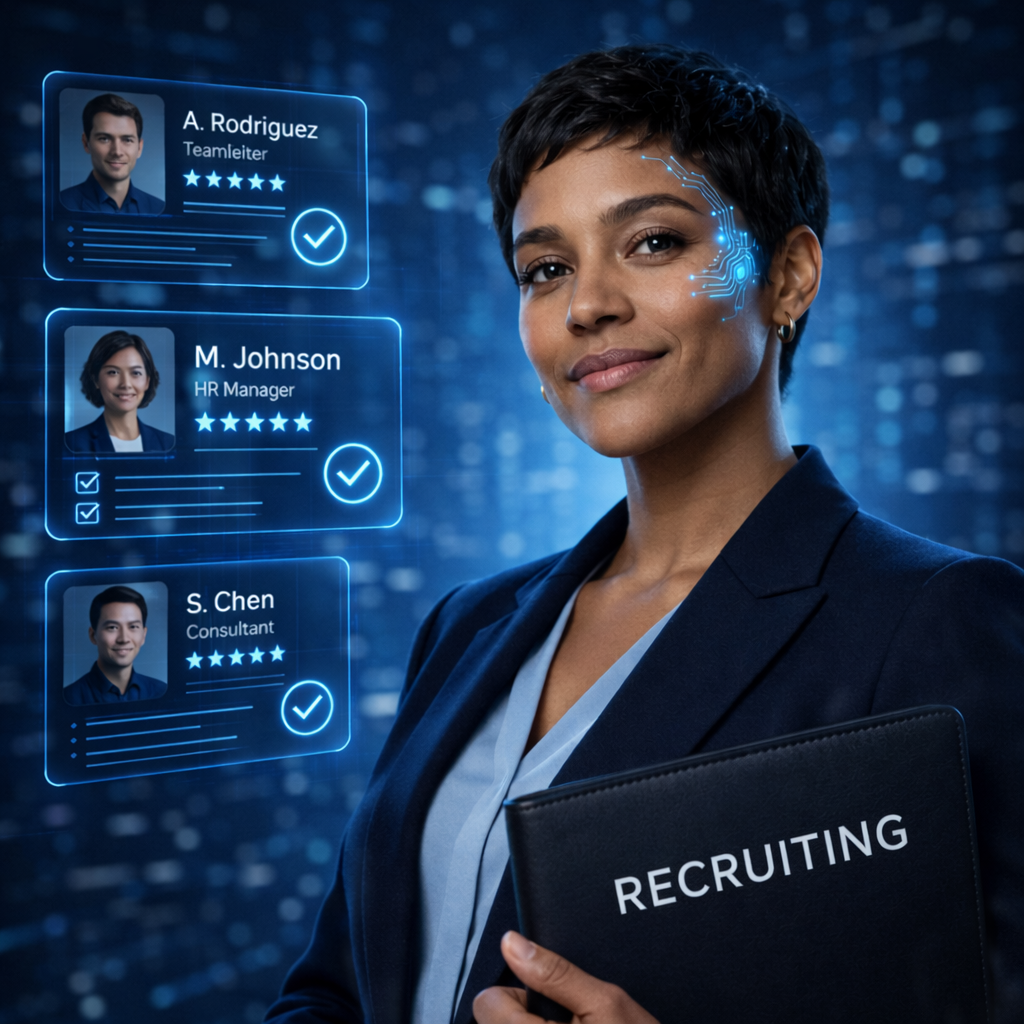 Darstellung einer digitalen Recruiterin mit Bewerbungs- und Auswahlprozessen im Hintergrund.