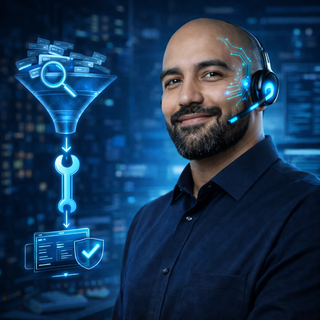 Darstellung eines digitalen Supportmitarbeiters mit technischen Netzwerk- und Supportvisualisierungen.