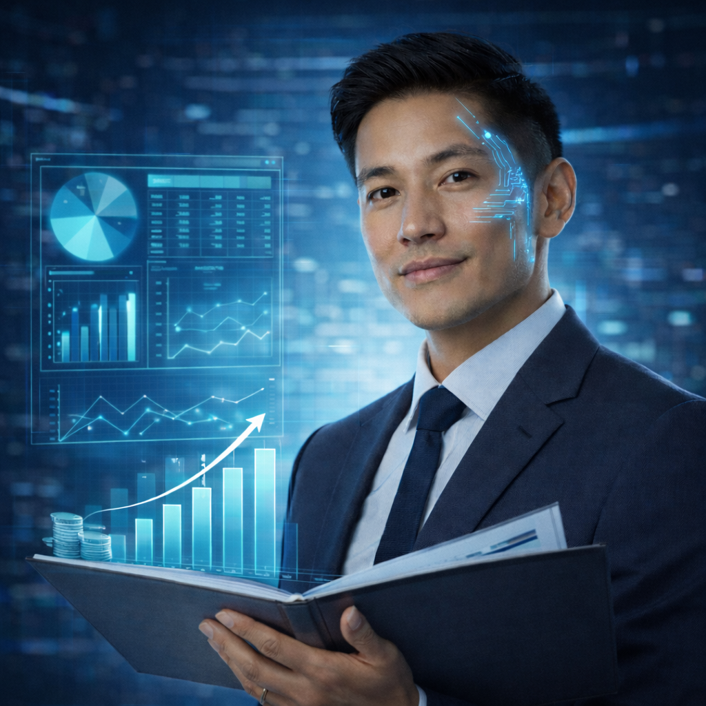 Porträt eines digitalen Buchhaltungsassistenten mit Finanz- und Prozessvisualisierungen.