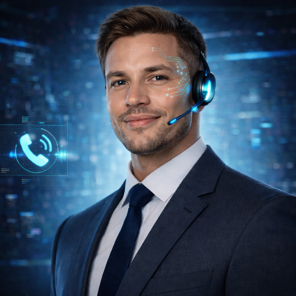 Porträt eines digitalen Supportmitarbeiters mit Kommunikationssymbolen.