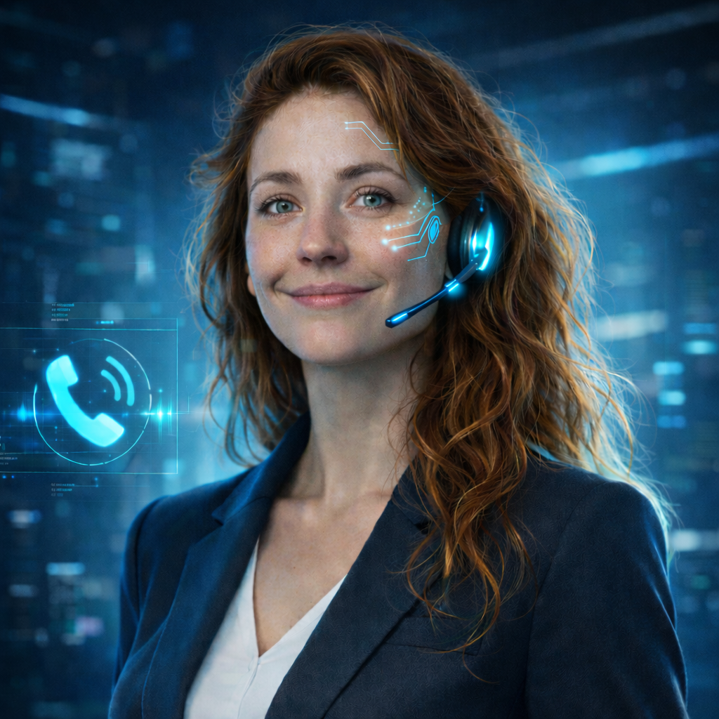 Porträt einer digitalen Assistentin mit Kommunikationssymbolen.