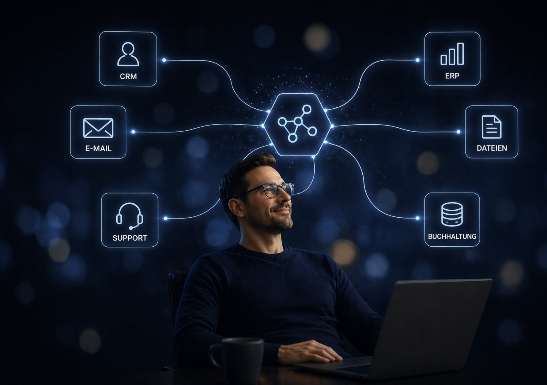 Abstrakte Darstellung vernetzter Systeme und automatisierter Prozesse im Hintergrund einer digitalen Arbeitsumgebung.